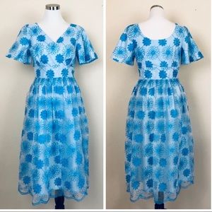 •ESHAKTI• Embroidered Tulle Overlay Midi Dress